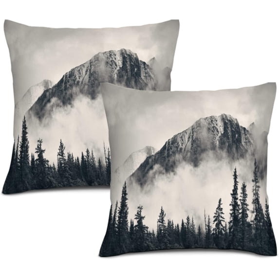 Misty Mountain Pillow Covers Foggy Tree Forest Nature Landscape Printed Throw Pillows Winter Christmas Square Linen Cushion Case for Home Sofa Couch Bed Outdoor 18x18 Set of 2