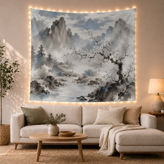 Misty Mountain River with Blossoming Tree, Serene Japanese Inspired Style for Nature Lovers, Landscape Art, Housewarming Gift, Tapestry Wall Hanging for Bedroom and Study Room