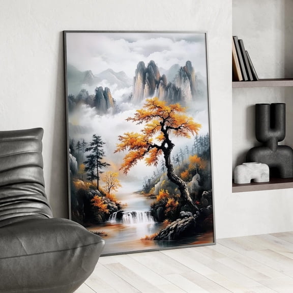 Misty Mountain River Wall Art, Japanese Style Surreal Nature Decor, Unframed Paper Print Size 8x12