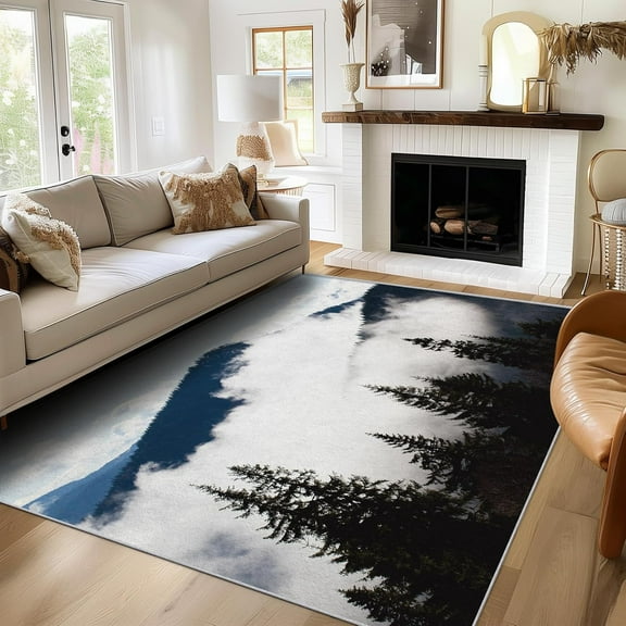 Misty Mountain Rug Washable Foggy Forest Rugs For Living Room Bedroom, Nature Scenic Landscape Area Rug For Home Decor, Non Slip Backing Floor Carpet 1x2ft