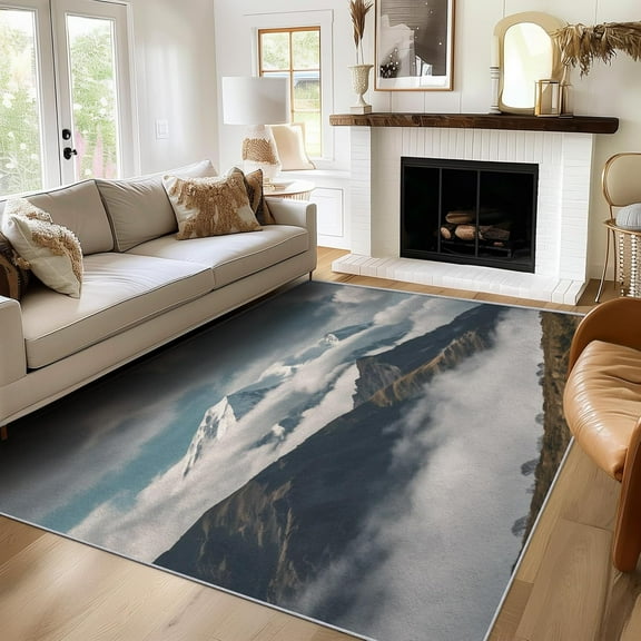Misty Mountain Rug Washable Nature Landscape Rugs For Living Room Bedroom, Natural Scenery Scenic Area Rug For Home Decor, Non Slip Backing Floor Carpet 1x2ft