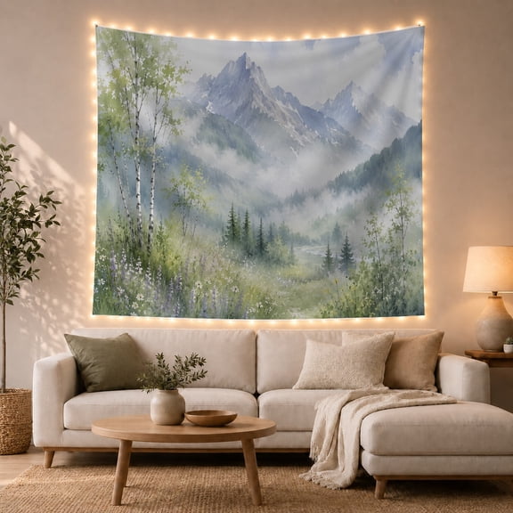 Misty Mountain Valley With Birch Trees, Serene Watercolor Style for Nature Lovers, Mountain Wall Art, Housewarming Gift, Tapestry Wall Hanging for Bedroom and Living Room