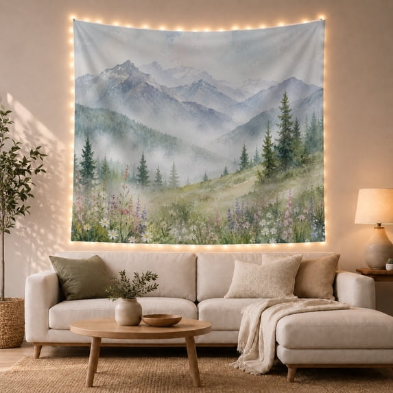 Misty Mountain Valley with Wildflower Meadow, Peaceful Watercolor for Nature Lovers, Landscape Wall Art, Housewarming Gift, Tapestry Wall Hanging for Bedroom and Living Room