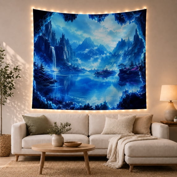 Misty Mountain Waterfall in a Blue Cave, Mystical Fantasy for Nature Lovers, Landscape Wall Art Housewarming Gift, Tapestry Wall Hanging for Living Room and Bedroom
