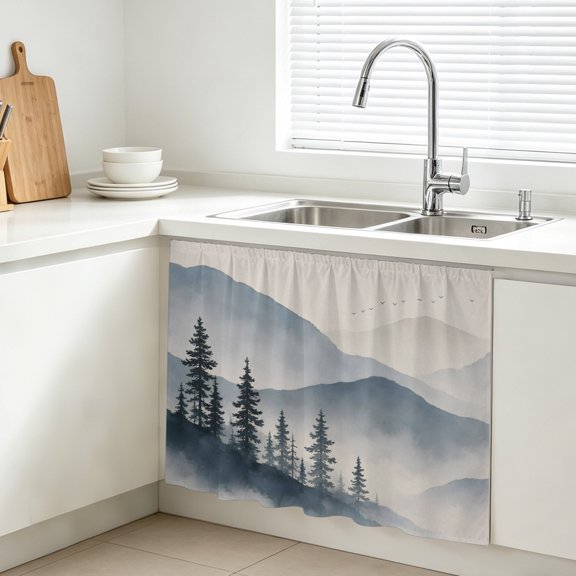 Misty Mountains Cabinet Curtains for Kitchen 11"W x 13"L, Rustic Pine Trees Bird Blue Foggy Valley Landscape Vanity Cabinet Curtains Magic Tape Short Curtain Decor Privacy Panel for Bathroom Laundry