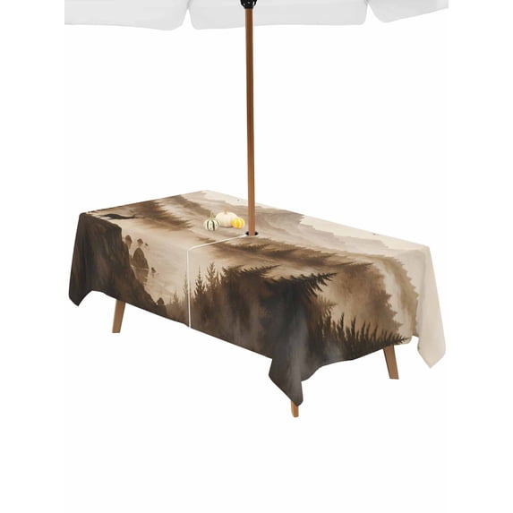 Misty Mountains Landscape Table Cloth Rectangle Outdoor Tablecloth, Modern Deer Brown Pine Forest Waterproof Wrinkleproof Table Cover with Umbrella Hole and Zipper for Party/Dining/Patio 60x102 Inch