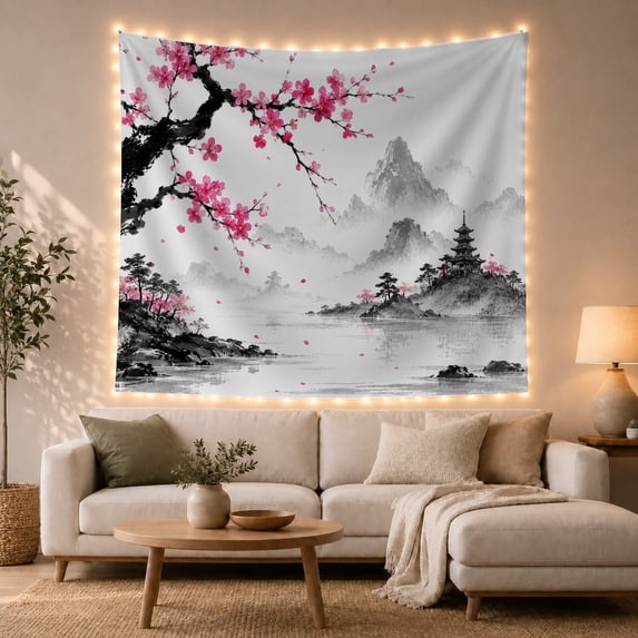 Misty Mountains with Pagoda and Cherry Blossoms Serene Japanese Inspired for Nature Lovers Traditional Landscape Art Housewarming Gift Tapestry Wall Hanging for Bedroom and Living Room