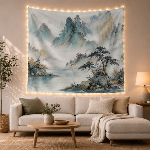 Misty Mountains with Pine Tree Islands, Peaceful Watercolor for Nature Lovers, East Asian Wall Art, Housewarming Gift, Tapestry Wall Hanging for Bedroom and Living Room