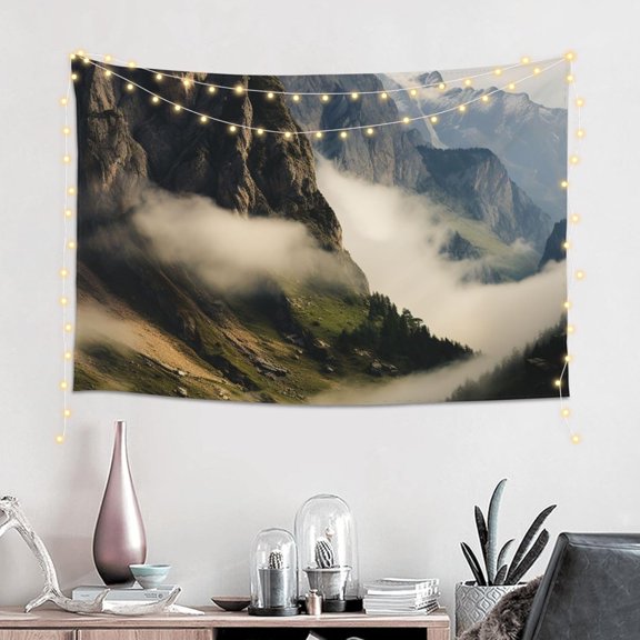 Misty Mountains Wall Tapestry Hanging Aesthetic Lightweight Wide Background Vintage Mural Wall Blanket for Bedroom Living Room Dorm Decor 60 x 40 in