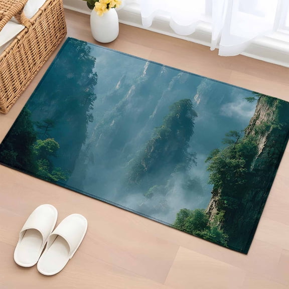 Misty Mountains Washable Area Rug 2 x 3 ft Forest Foggy Peak Green Trees Nature Landscape , Soft Non Slip Rugs Stain Repellent Indoor Felt Carpet for Living Dining Room Bedroom Home Office
