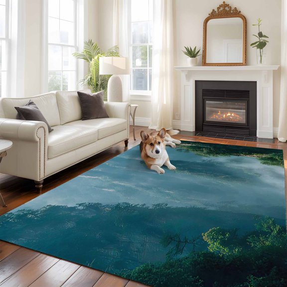 Misty Mountains Washable Area Rug 8x10 Forest Foggy Peak Green Trees Nature Landscape Low-Profile Large Area Rugs Non Slip Backing Indoor Floor Carpet for Entrance Living Room Bedroom Home Office