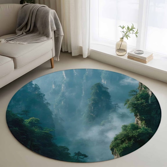 Misty Mountains Washable Round Area Rug 3 ft, Forest Foggy Peak Green Trees Nature Landscape , Soft Non Slip Rugs Stain Repellent Indoor Felt Carpet for Living Dining Room Bedroom Home Office