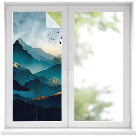 Misty Mountains Window Privacy Film Flying Birds Nature Peaks Navy Blue Decorative Glass Window Film UV Blocking Static Cling Non-Adhesive Sticker Covering for Home Door 19.6 x 39.3 inches