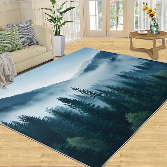 Misty Pine Forest Area Rug, Foggy Mountain Landscape Rugs for Bedroom, Indoor Non-Slip Kids Rugs, Machine Washable Breathable Durable Carpet for Front Entrance Floor Decor 2 x 3ft