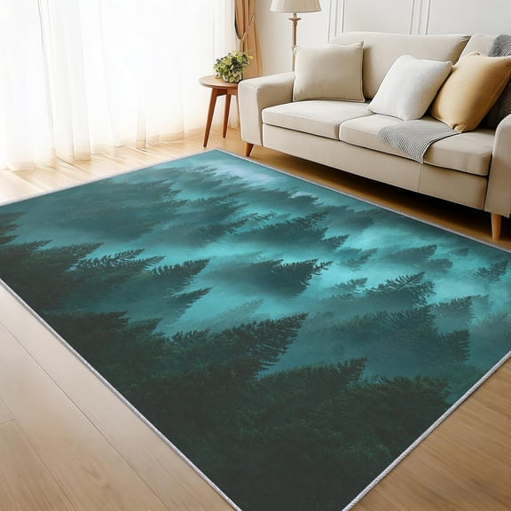Misty Pine Forest Area Rug, Natural Woodland Landscape Indoor Carpet, Washable Non Slip Low Pile Soft Thin Rug for Living Room Bedroom Home Decor Mat 2x3ft