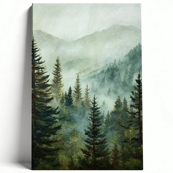 Misty Pine Forest Mountain Canvas Wall Art Vintage Landscape Painting Dark Green Watercolor Pine Trees Poster Living Room Bedroom Decor Print Ready to Hang 8*12