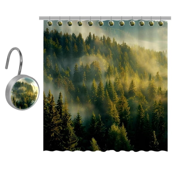 Misty Pine Forest on the Mountain Slope in a Nature Reserve Shower Curtains for Bathroom - Odorless Curtain for Bathroom Showers and Bathtubs, Hooks Included