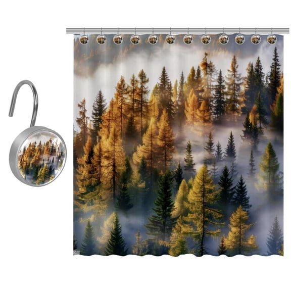 Misty Pine Forest on the Mountain Slope in a Nature Reserve Shower Curtain, Bathroom Beach Decorations