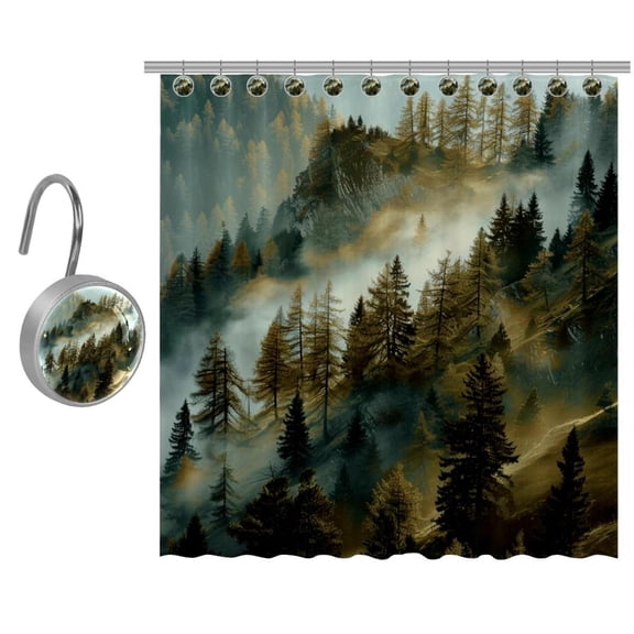 Misty Pine Forest on the Mountain Slope in a Nature Reserve Shower Curtain Set for Bathroom