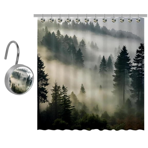 Misty Pine Forest on the Mountain Slope in a Nature Reserve Shower Curtain with Hooks Washable