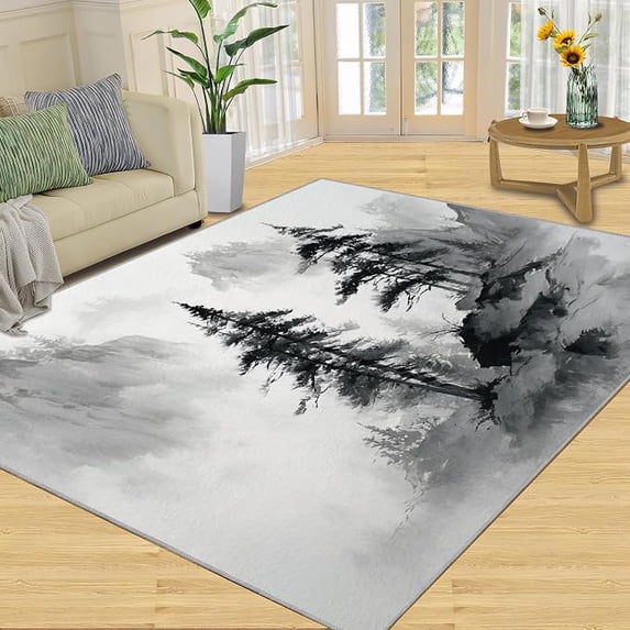 Living Area Rugs Misty Pine Mountain Ink Wash Forest Area Rug, Non-Slip Machine Washable ...