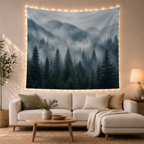Misty Pine Mountains in Layered Forest Fog, Serene Digital Art for Nature Lovers, Forest Landscape Decor, New Home Gift, Tapestry Wall Hanging for Bedroom and Living Room
