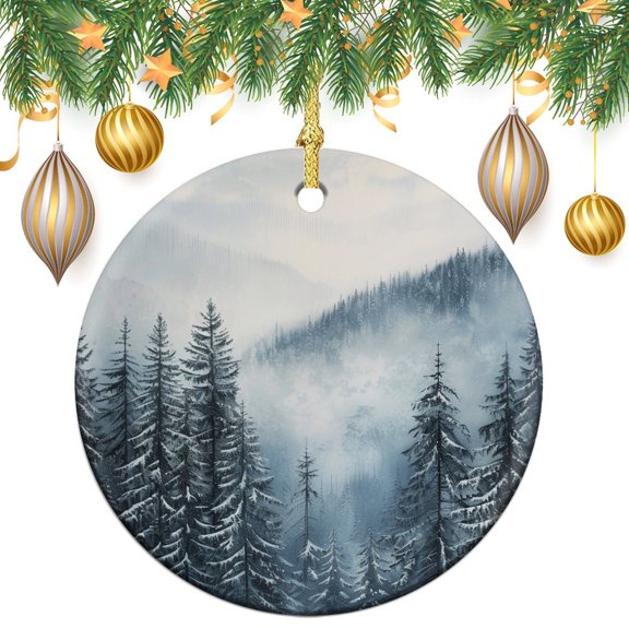 Misty Pine Tree Forest Foggy Snow Forest Mountain Print Ceramic Christmas Ornament Forest Tree Ornaments for Christmas Tree Holiday Decor for Xmas Tree