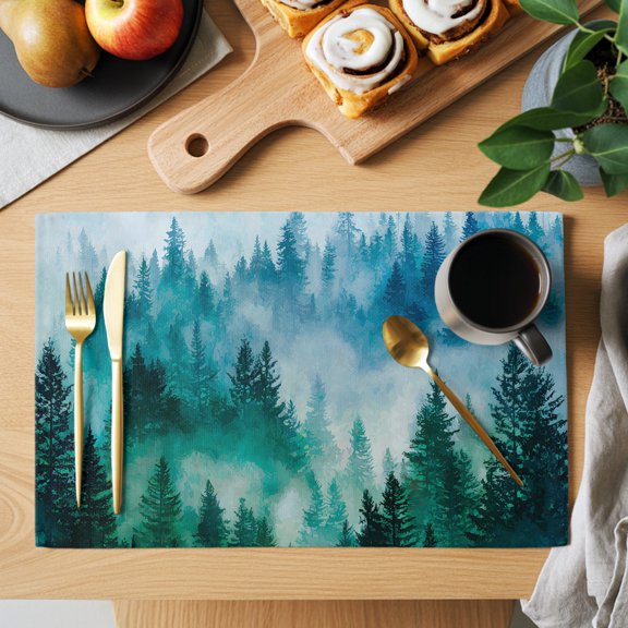Misty Pines Forest Placemats Set of 1, Nature Modern Teal Green Trees Non-Slip Place Mats Washable Table Mats for Kitchen Dining Table Decorations Indoor/Outdoor