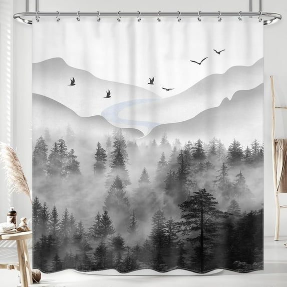 Misty Rainforest Shower Curtain for Bathroom Decor 72Wx72H Dark Black Grey Mens Nature Foggy Woodland Mountain Rustic Scenery Art Printed Fabric Polyester Waterproof 12 Pack Plastic Hooks