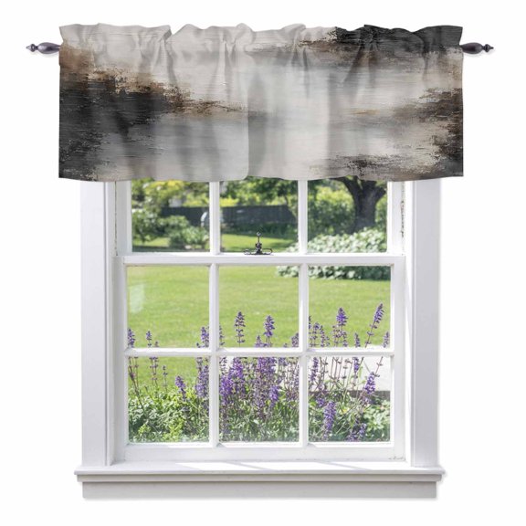 Misty River Flows Window Valance for Kitchen, Abstract Brown White Oil Painting Landscape Rod Pocket Short Curtains for Bathroom Bedroom Small Window, Light Filtering Decorative Valances, 42x18 Inch