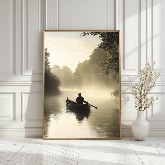 Misty River Rowboat Art Poster: Serene Landscape, Size 8x12 UNFFRAMED F03.1.7l2087