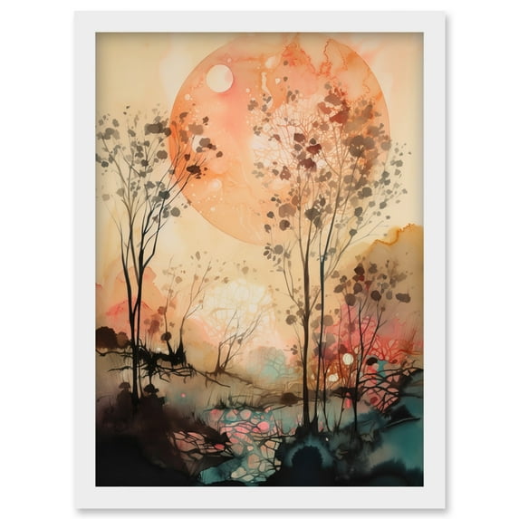 Misty Riverside Trees Sunset Landscape Modern Boho Watercolour Painting Artwork Framed Wall Art Print A4