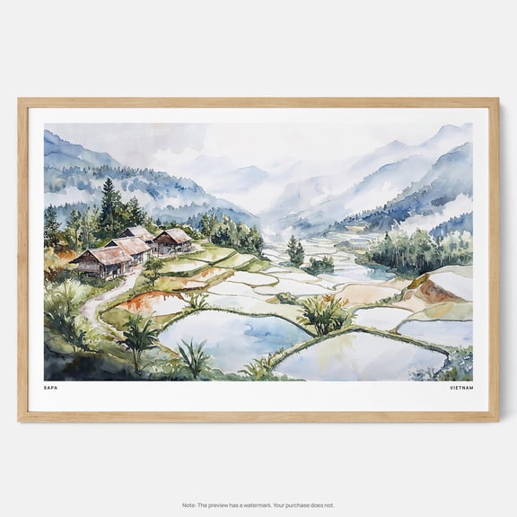 Misty Sapa Watercolor Art Print: Scenic Vietnamese Landscape Wall Art Poster, Poster Only