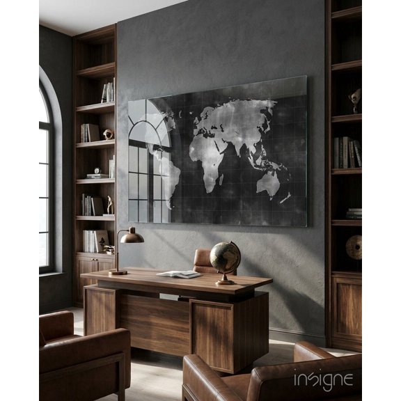 Misty Silver World Map Grid Glass Wall Art