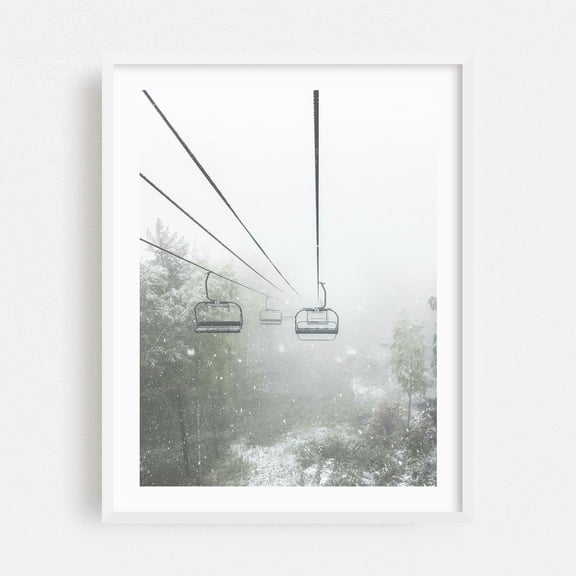 Misty Ski Lift - Garmisch-Partenkirchen Bavaria Germany Photography Winter Snow Mountain Nature Landscape Wilderness White Framed Wall Art Print 5 x 7 inches
