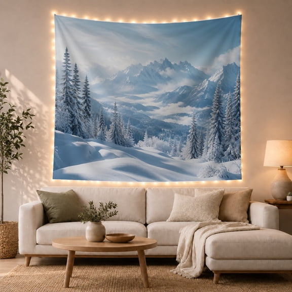 Misty Snowy Mountains with Pine Forest and Clouds, Serene Rustic Style for Nature Lovers, Winter Landscape Art, Christmas Gift, Tapestry Wall Hanging for Bedroom and Living Room