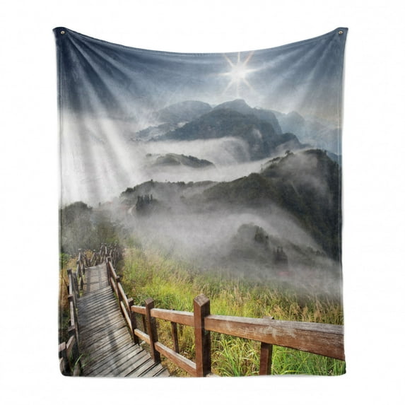 Misty Soft Flannel Fleece Throw Blanket, Nature Photo of Foggy Mountains Grassy Land and Long Wooden Pier Stairs at Daytime, Cozy Plush for Indoor and Outdoor Use, 50" x 60", Multicolor, by Ambesonne