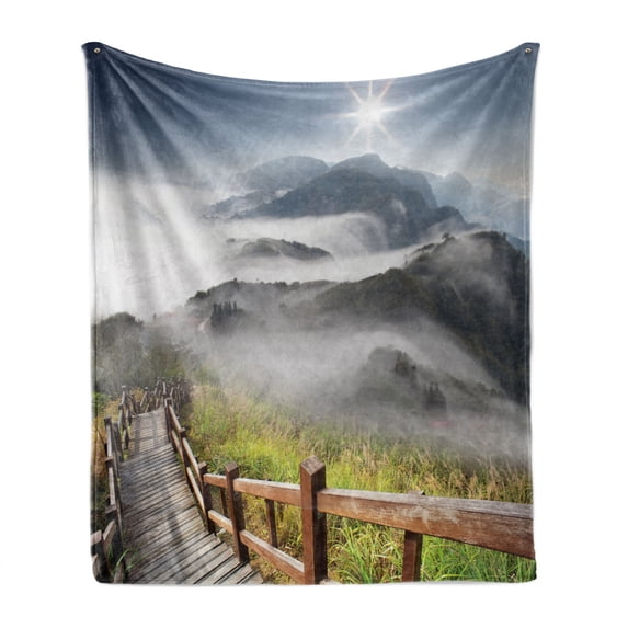 Misty Soft Flannel Fleece Throw Blanket, Nature Photo of Foggy Mountains Grassy Land and Long Wooden Pier Stairs at Daytime, Cozy Plush for Indoor and Outdoor Use, 70" x 90", Multicolor, by Ambesonne