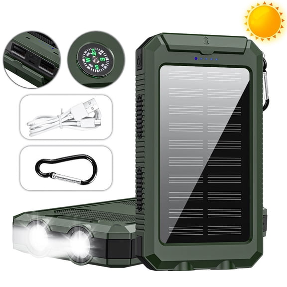 Misty Solar Power Bank 40000mAh with 4 Cables Fast Charging External Battery Portable Solar Charger Built-in Led Flashlight Dark Green