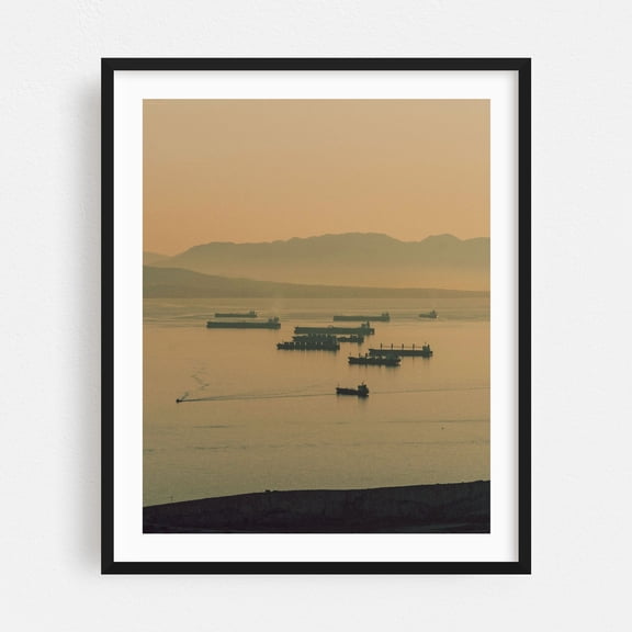 Misty Stillness - Photography Harbor Seascape Silhouette Boat Sunset Nautical Port Black Framed Wall Art Print 11 x 14 inches