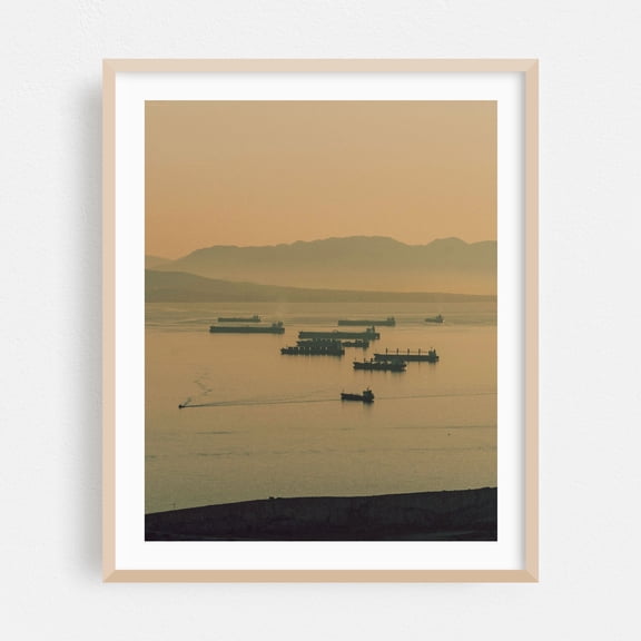 Misty Stillness - Photography Harbor Seascape Silhouette Boat Sunset Nautical Port Oak Framed Wall Art Print 6 x 8 inches