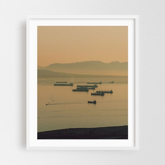 Misty Stillness - Photography Harbor Seascape Silhouette Boat Sunset Nautical Port White Framed Wall Art Print 6 x 8 inches