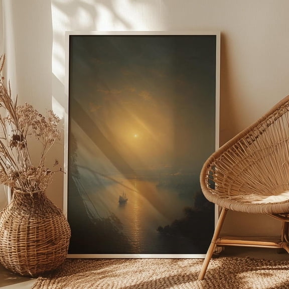 Misty Sunrise Landscape 17Th Century Style Sun Rising Medieval Village Foggy Morning Nature Wall Art, Unframed Poster