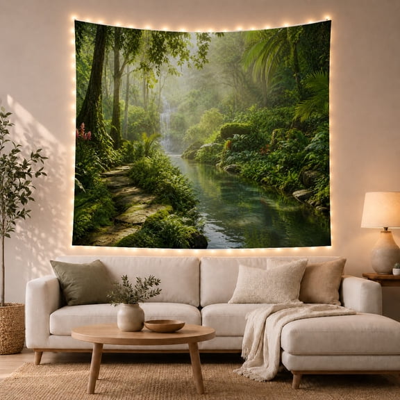 Misty Tropical Rainforest with River and Waterfall, Serene Digital Art for Nature Lovers, Forest Wall Decor Housewarming Gift Tapestry Wall Hanging for Living Room and Bedroom