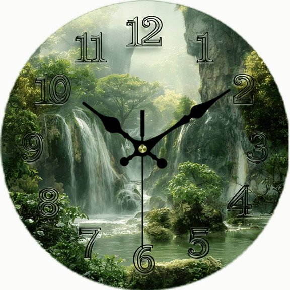 Misty Waterfall Green Forest Round Wall Clock, Silent Non-Ticking Nature Landscape Clock, Calming Rainforest Lake Decor for Living Room Bathroom Spa Home