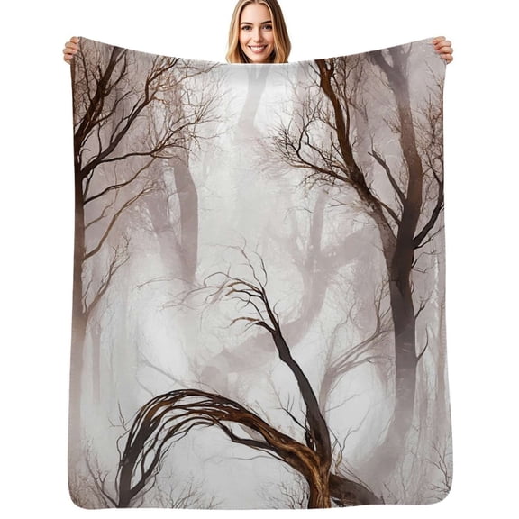 Misty forest winter trees scene Flannel Blanket Warm Soft Bedding Throws Winter Camping Chair Sofa Bed