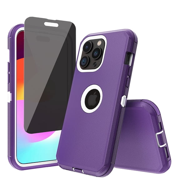 Misty for iPhone 17 Case with Privacy Screen Protector Military Grade Heavy Duty Protection 3 in 1 Shockproof Armor Rugged Durable Detachable iPhone 17 6.3 inch 2025 Phone - Purple+White