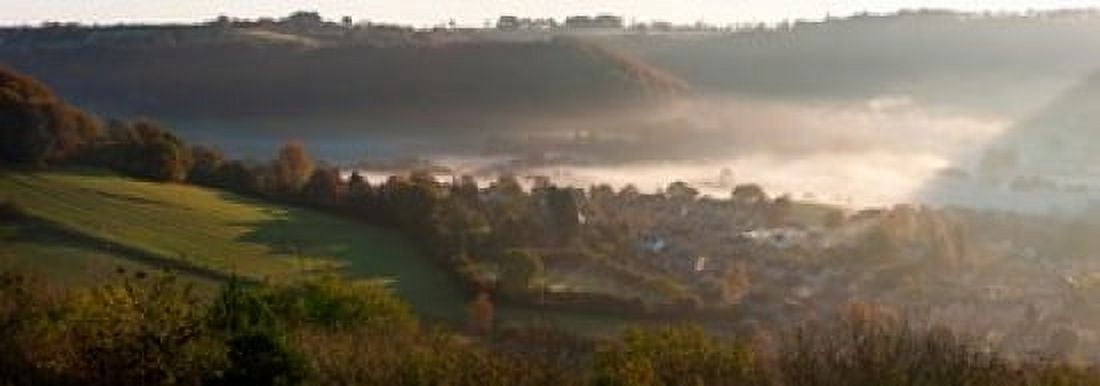 Misty morning valley with village Uley Gloucestershire England Canvas Art - Panoramic Images (36 x 13)