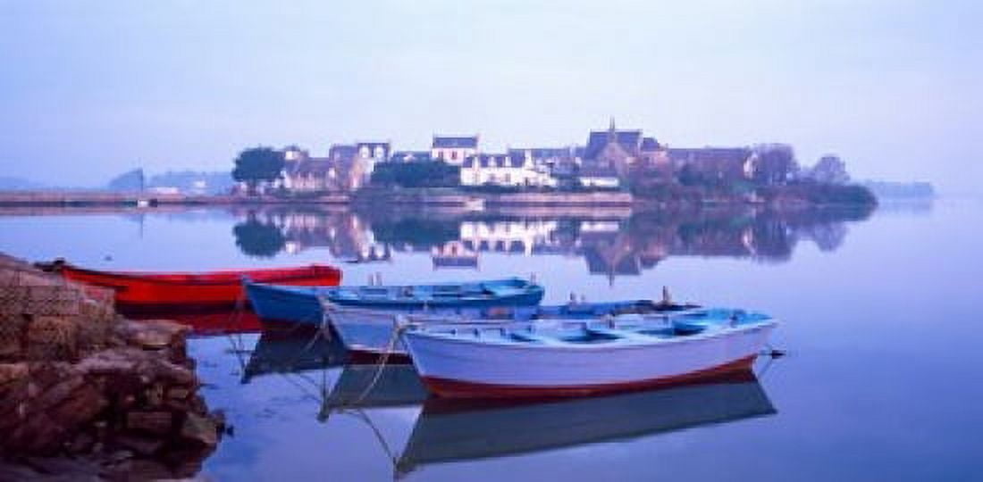 Misty sunrise over Etel River Saint-Cado Morbihan Brittany France Canvas Art - Panoramic Images (24 x 12)