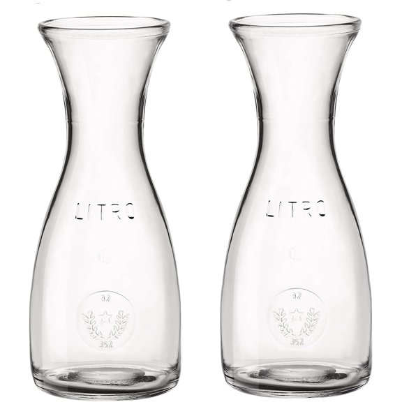 Misura PZ Carafe Set of 2-33.75 Oz. Clear Glass Carafes with Calibration Line for Wine, Water, Juice & Milk - Rounded Base Flared Top Drinkware Dining, Kitchen Serving